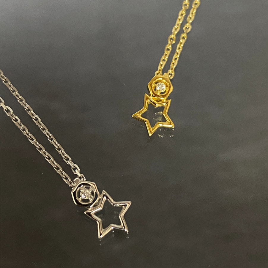 【 受注生産 14~21営業日でのお届け 】JEREV K18 スター（星）× 六角ナット ダイヤモンド ペンダントネックレス