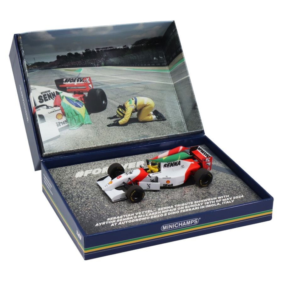 ミニチャンプス 1/43 マクラーレン フォード MP4/8 セバスチャン ベッテル イモラ セナ トリビュート 2024/5/18 フィギュア＆フラッグ付き