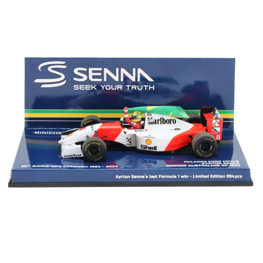 ミニチャンプス 1/43 マクラーレン フォード MP4/8 アイルトン セナ 1993年 オーストラリアGP ウィナー フラッグ付 マールボロ&ウェザリング仕様