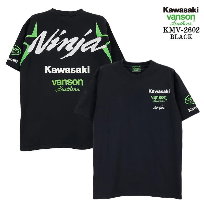 KAWASAKI × VANSON 天竺 Ninja 刺繍ロゴ Tシャツ ブラック