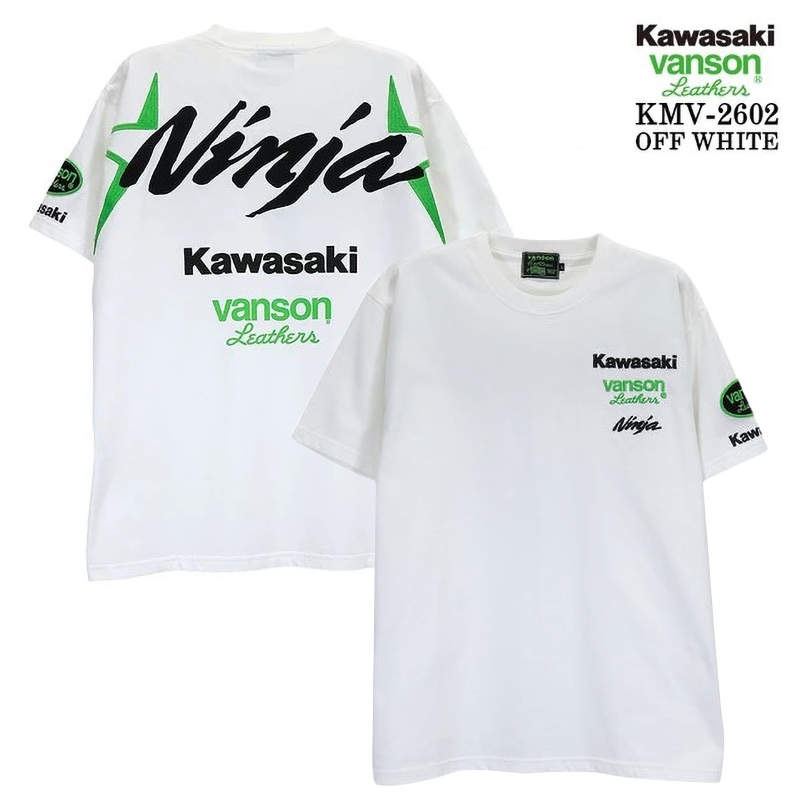 KAWASAKI × VANSON 天竺 Ninja 刺繍ロゴ Tシャツ オフホワイト