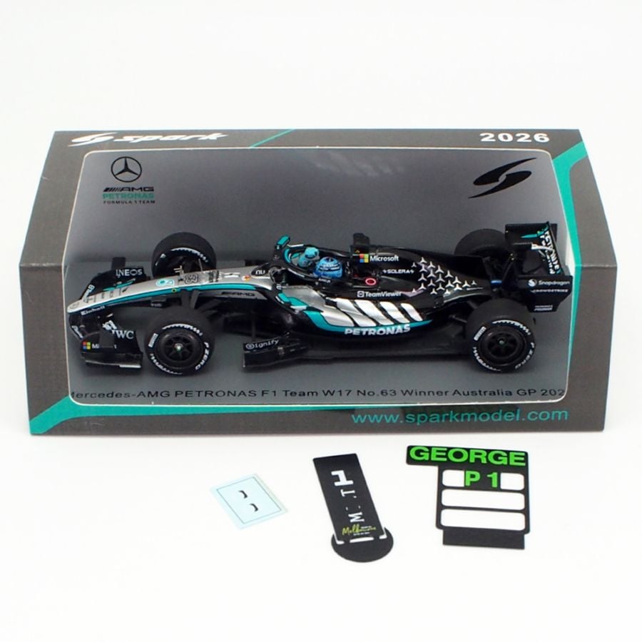 スパーク 1/43 メルセデス AMG W17 #63 ジョージ ラッセル 2026年 オーストラリアGP ウィナー ピットボード付き