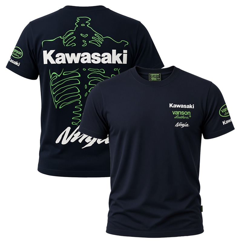 KAWASAKI Ninja × VANSON ボーン 刺繍ロゴ 天竺 Tシャツ ブラック