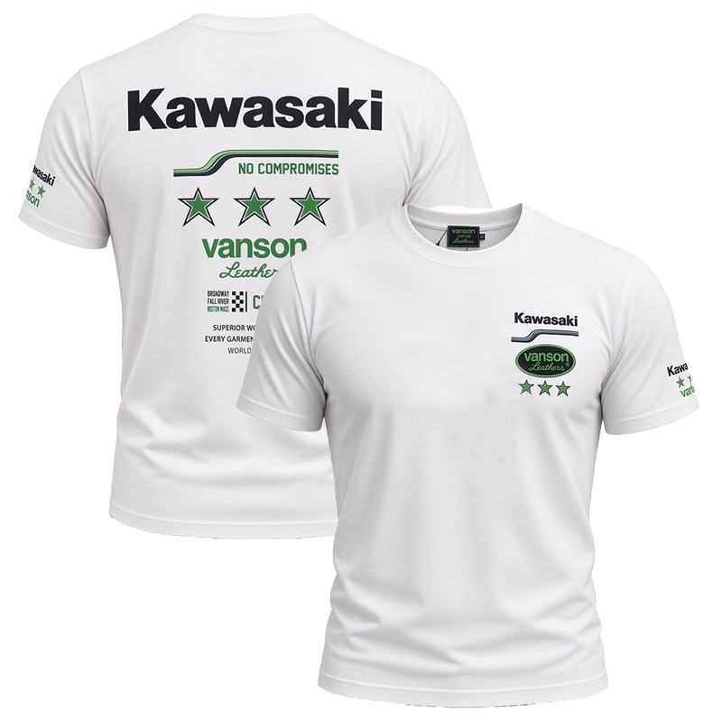 KAWASAKI Ninja × VANSON スリースター 刺繍ロゴ 天竺 Tシャツ ホワイト