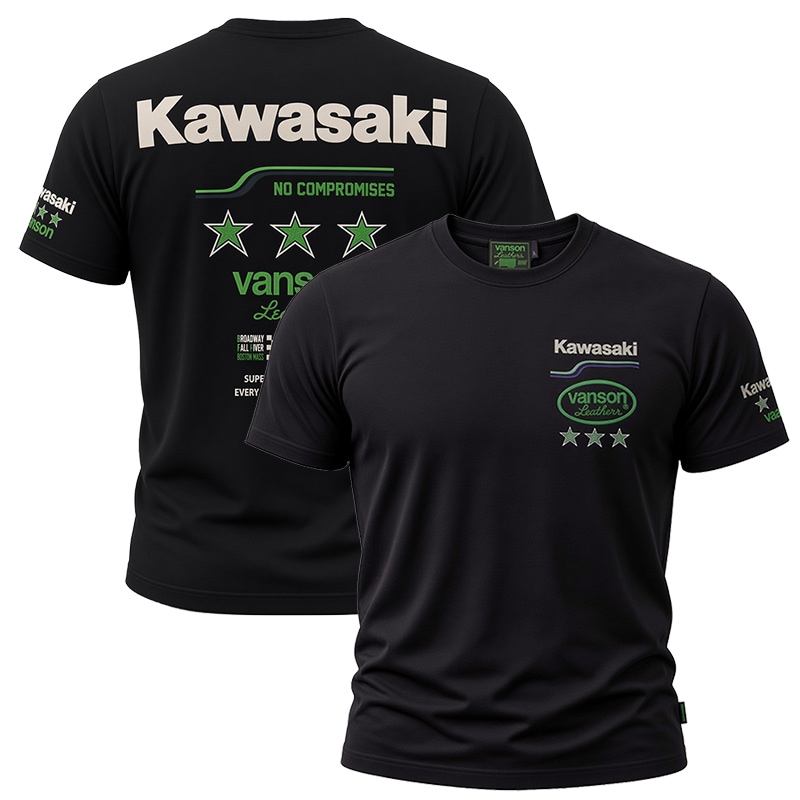 KAWASAKI Ninja × VANSON スリースター 刺繍ロゴ 天竺 Tシャツ ブラック
