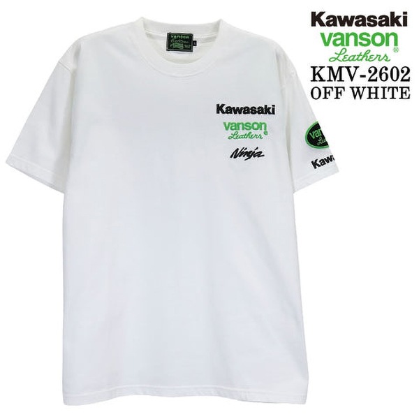 KAWASAKI × VANSON 天竺 Ninja 刺繍ロゴ Tシャツ オフホワイト
