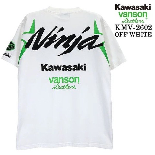 KAWASAKI × VANSON 天竺 Ninja 刺繍ロゴ Tシャツ オフホワイト