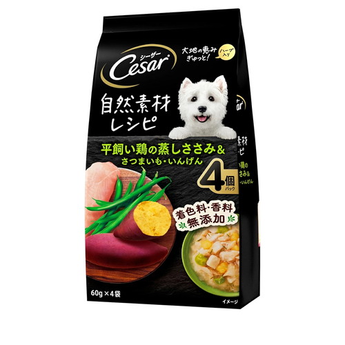 シーザー パウチ 自然素材レシピ 平飼い鶏の蒸しささみ＆さつまいも・いんげん 60g×4袋 ◆賞味期限 2025年8月