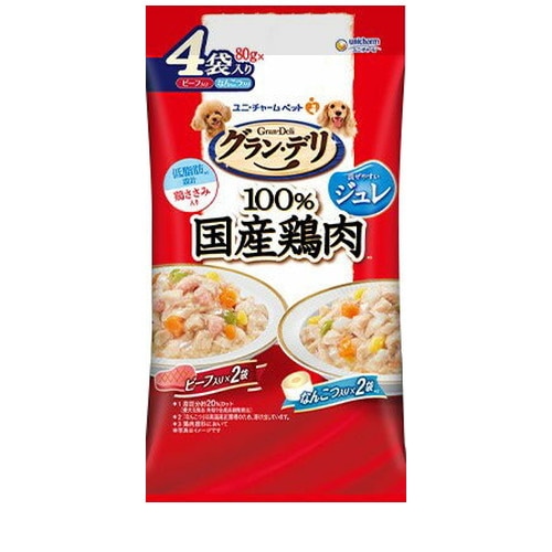 グラン・デリ 国産鶏ささみ パウチ ジュレ ビーフ・なんこつ入り 低脂肪 80g×4個パック ◆賞味期限 2027年3月