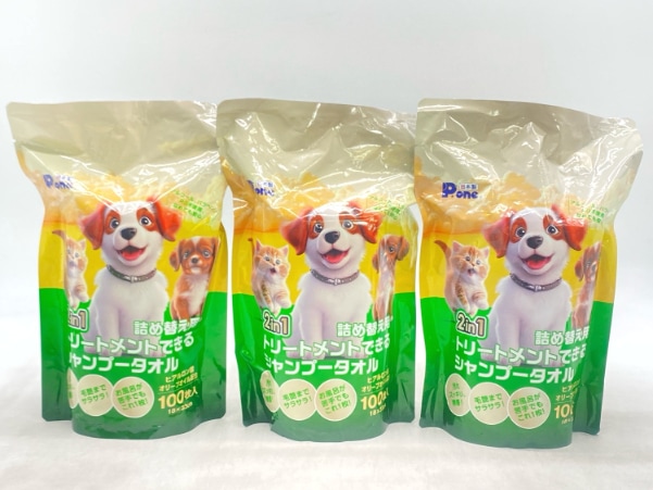 【訳あり】3個セット！P.one 2in1 トリートメントできるシャンプータオル 詰め替え用 100枚入 成犬 成猫