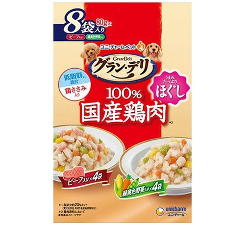 グラン・デリ 国産鶏ささみ ほぐし ビーフ入り&緑黄色野菜入り 80gx8袋 ◆賞味期限 2028年2月
