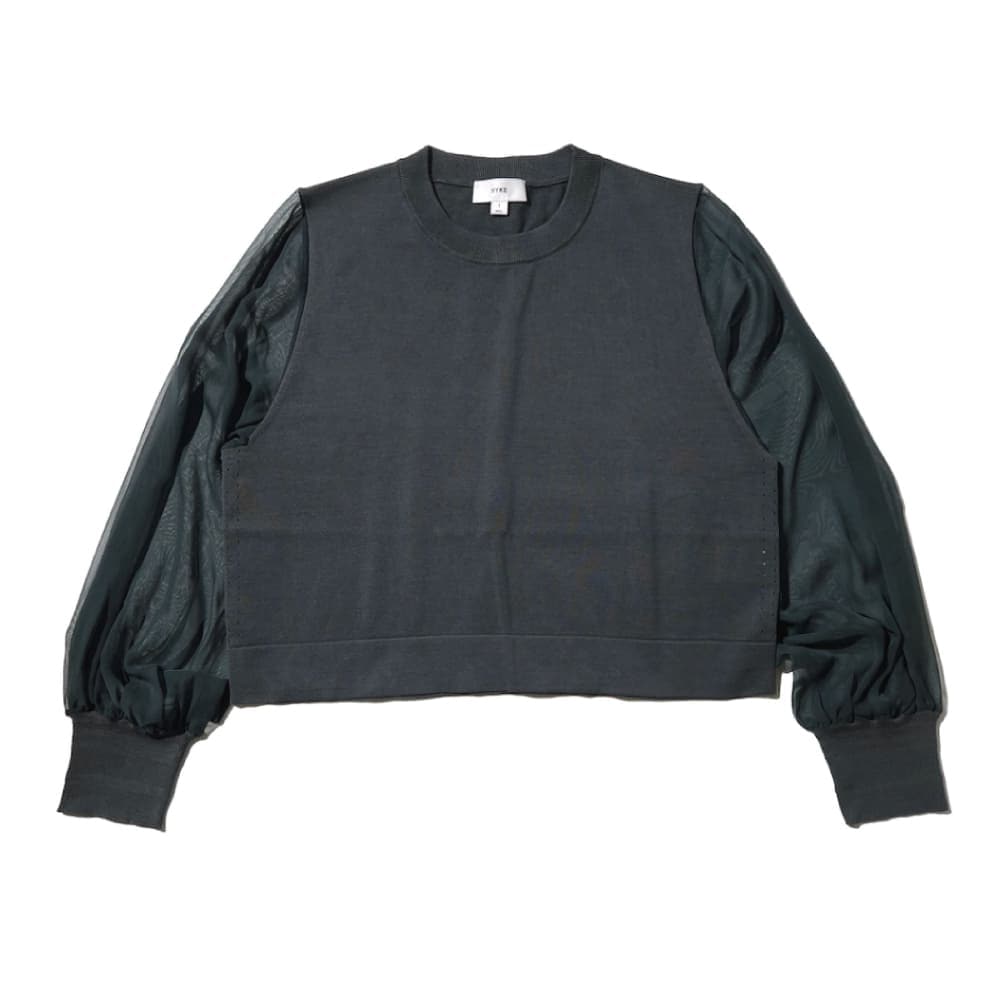 HYKE(ハイク) CREW NECK CROPPED SWEATER WITH SHEER SLEEVE