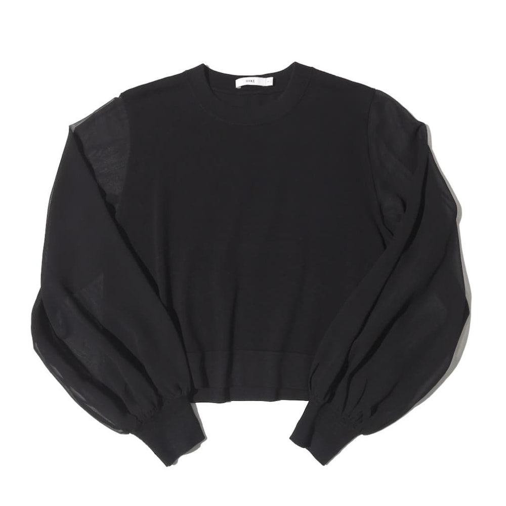 HYKE(ハイク) SHEER SLEEVES CREW NECK CROPPED KNIT