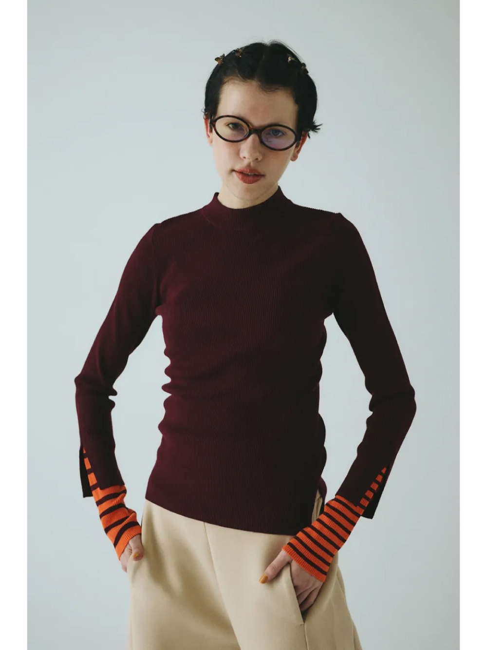 HeRIN.CYE(ヘリンドットサイ) Border double cuff knit top