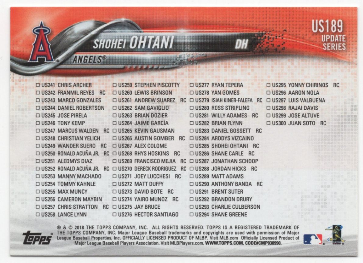 大谷翔平 ルーキーカード 2018 Topps Update Series Shohei Ohtani 