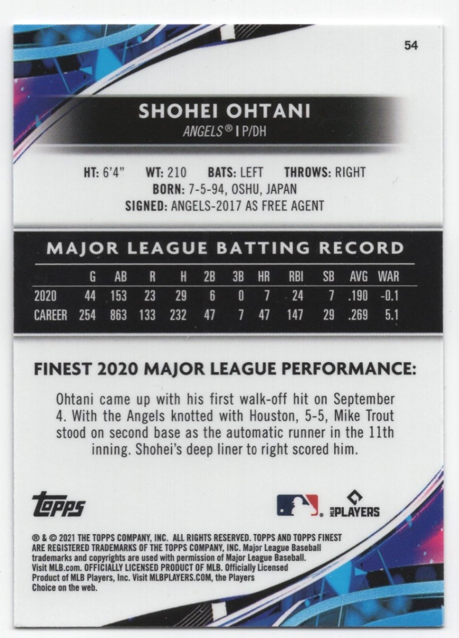 大谷翔平 2021 Topps Finest Baseball Shohei Ohtani Angels Base No 