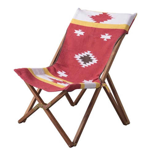 イス 東谷 フォールディングチェア レッド TTF-925C 高さ35×幅58×奥行き66cm 天然木 チーク コットン 本革 収納ケース付き 折りたたみ おしゃれ アウトドア  リビング ベランダオシャレな折り畳み式アウトドアチェア。