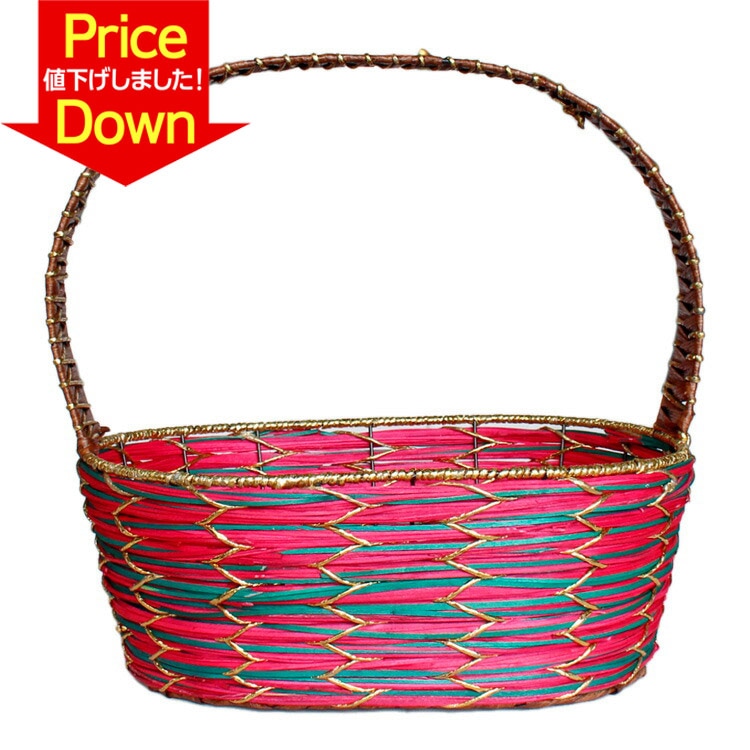 【SALE!】収納 カゴ HERE ペーパーロープバスケット ラウンド レッド/グリーン 43×31×43cm(約) バスケット アメリカン雑貨