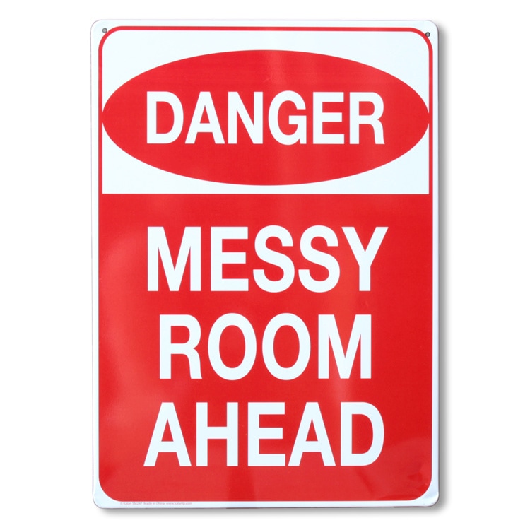 看板 ファンサイン DANGER messy room ahead 縦29.5×横21cm ブリキ製 おもしろ看板 店舗 ディスプレイ アメリカ雑貨