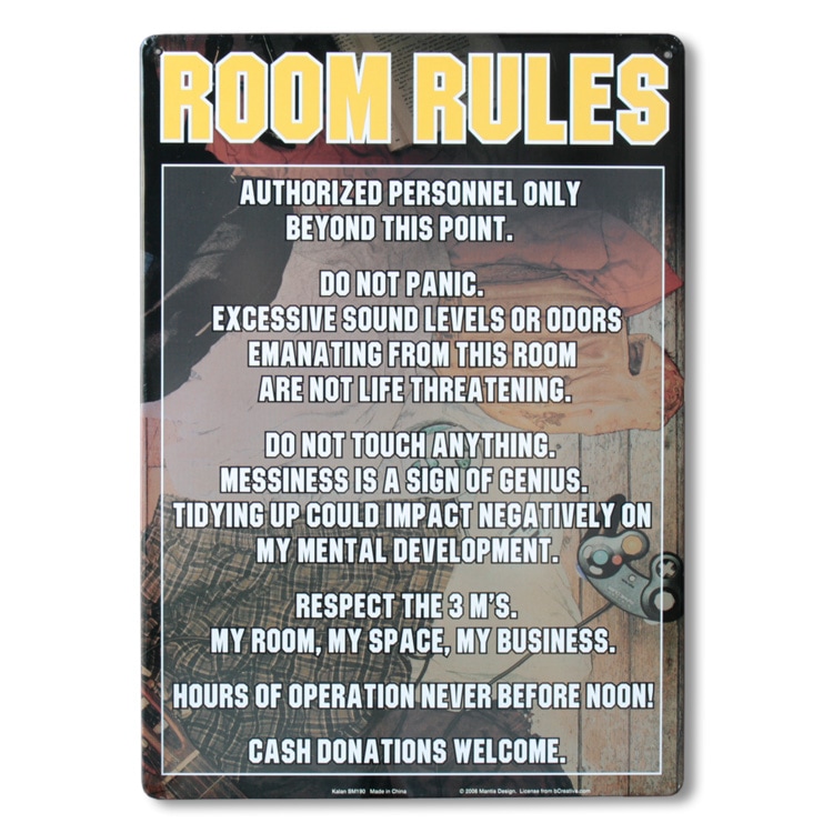 看板 ファンサイン ROOM RULES 縦29.5×横21cm ブリキ製 おもしろ看板 店舗 ディスプレイ アメリカ雑貨