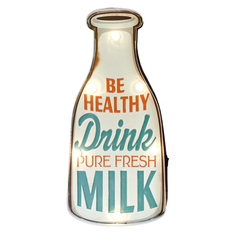 看板 LEDライト付きウォールサイン 『MILK / ミルク』縦40.5×横18.5×奥行5cm スチール製 電池式 照明 壁掛け アメリカン雑貨