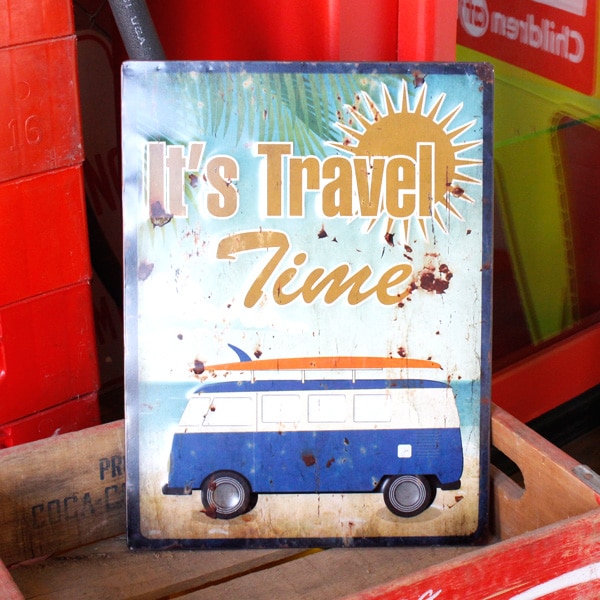 アンティークエンボスプレート「It's Travel Time」 （RECTサイン ） ブリキ製看板 ティンサイン アメリカ雑貨 アメリカン雑貨