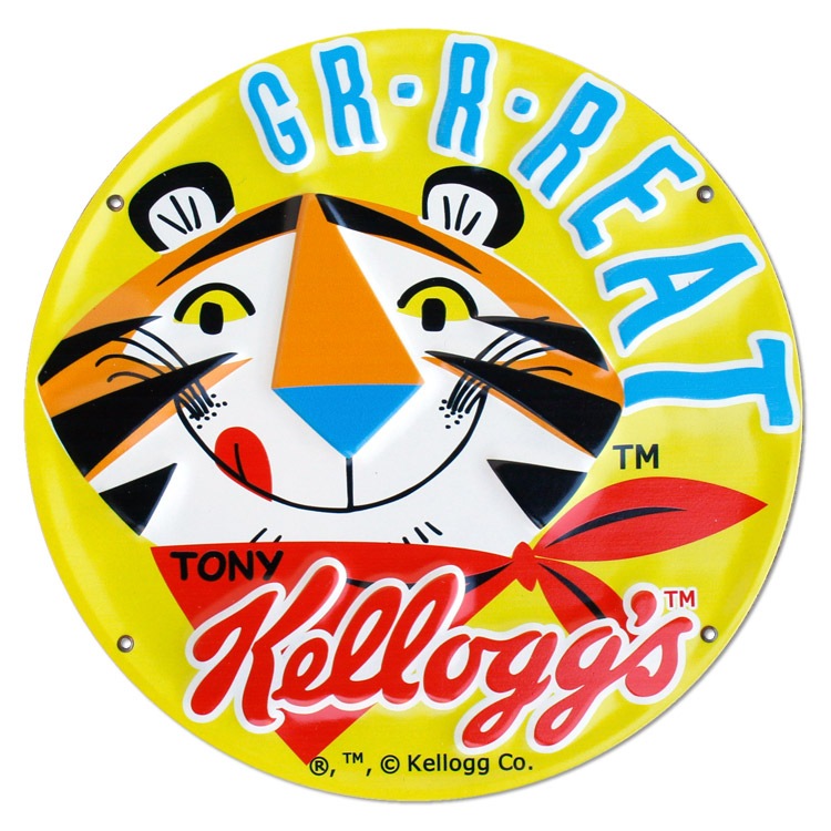 看板 Kellogg's ケロッグ エンボス メタルサイン KG001 TONY YELLOW 直径30cm ブリキ製 トニー かわいい おしゃれ インテリア 店舗 アメリカン雑貨