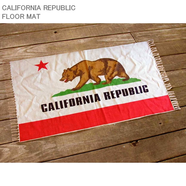 CALIFORNIA REPUBLIC カリフォルニアリパブリック マット 50×70cm 星とクマ柄 コットン製 フリンジ付き フロアマット 玄関マット 西海岸インテリア アメリカ雑貨西海岸の風を感じるカリフォルニア州旗デザインマット。
