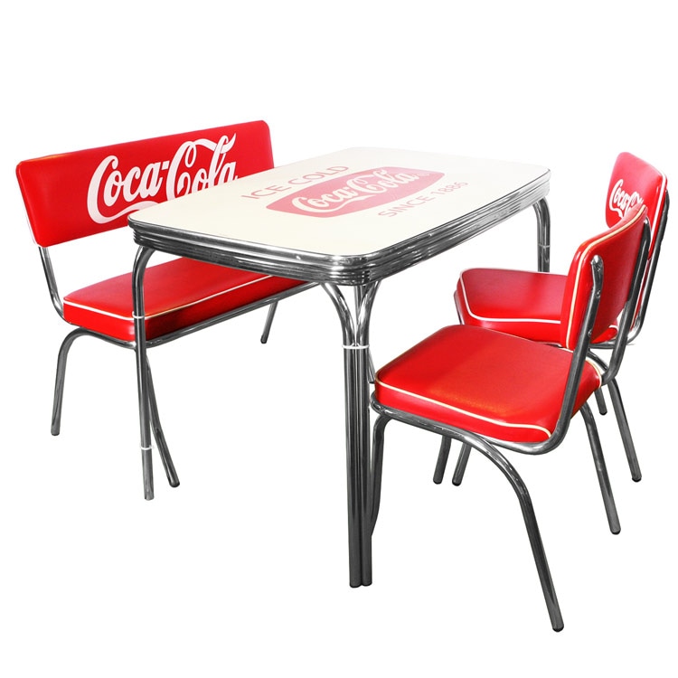 ワンランク上の食卓へ。4人掛けテーブルと椅子のセット。COCA-COLA BRAND コカコーラブランド ダイナーテーブルUシリーズ 、チェア、ベンチシートの4点セット（PJ-1150D、 PJ-105C×2、PJ-120C）