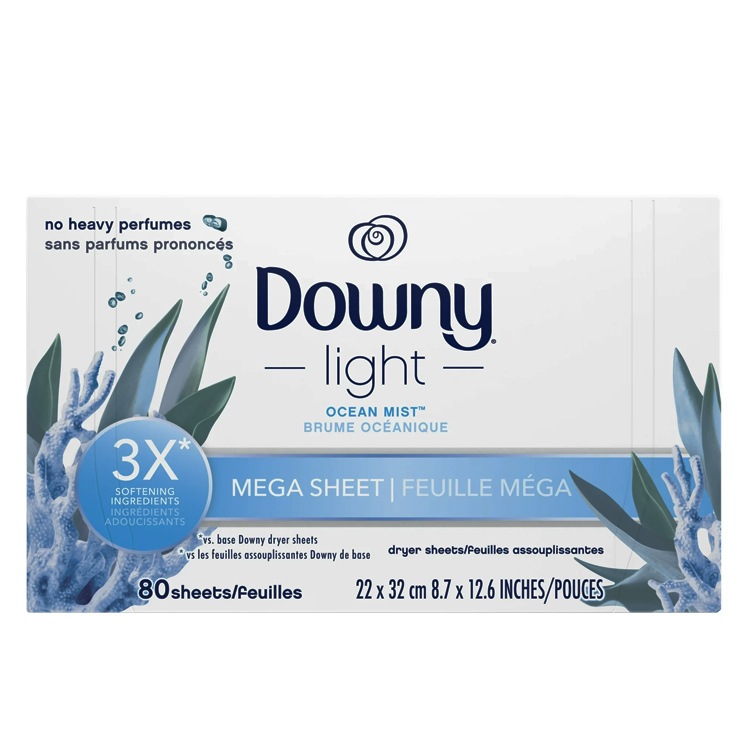 DOWNY Light ダウニー メガ柔軟シート オーシャンミスト 80枚 大判サイズ 22×32cm 乾燥機用 柔軟シート P&G Downy アメリカ製