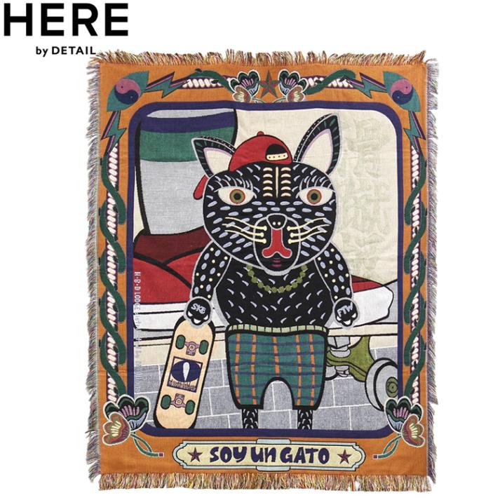 大判 ブランケット スローケット ブラックキャット 幅127×高さ150cm ポリエステル コットン 洗濯可 布 クロス ひざ掛け OAX Throwket  HERE