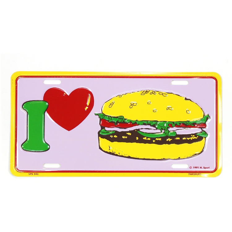 【メール便発送】CMプレート I LOVE HUMBURGER 縦15.3×横30.3cm ナンバープレート型 インテリア 看板 アルミ製 アメリカン雑貨