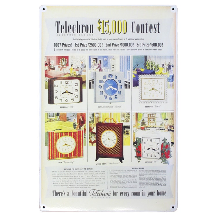 レトロブリキ看板 広告デザイン Telechron Contest 時計 縦45cm×横30cm スチール製