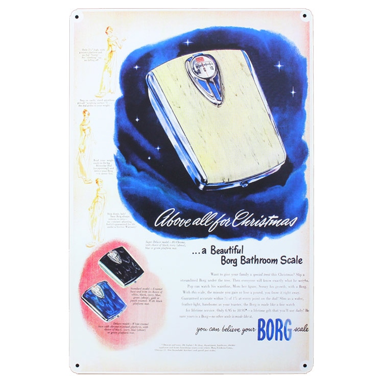 レトロブリキ看板 広告デザイン BORG 体重計 縦45cm×横30cm スチール製