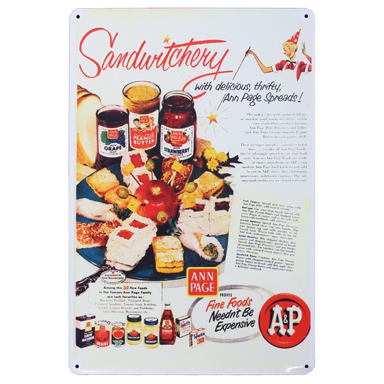レトロブリキ看板 広告デザイン A&P Sandwitchry 縦45cm×横30cm スチール製