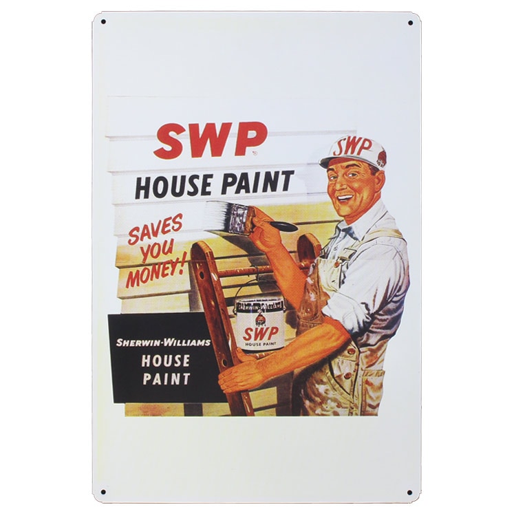レトロブリキ看板 広告デザイン SWP house Paint Save your money （ホワイト） 縦45cm×横30cm スチール製