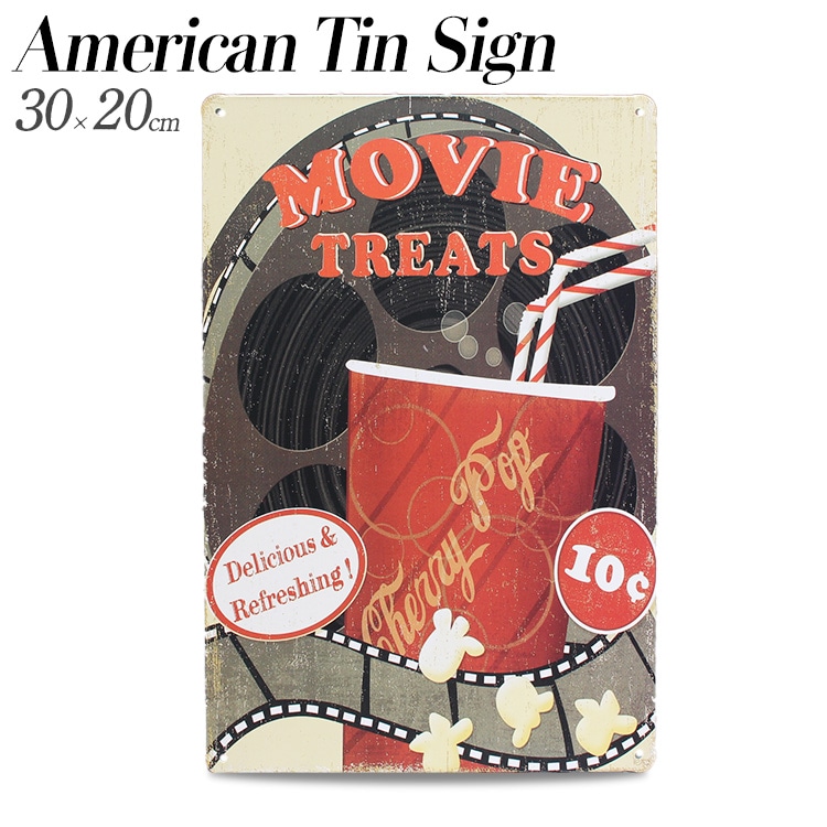 【メール便発送】ティンプレート MOVIE TREATS H30×W20cm ブリキ製 インテリア 壁面装飾 オシャレ アメリカ雑貨 アメリカン雑貨アメリカン 四角 かっこいい ヴィンテージ ビンテージ コンパクト 店舗 トイレ 玄関 リビング バー カフェ