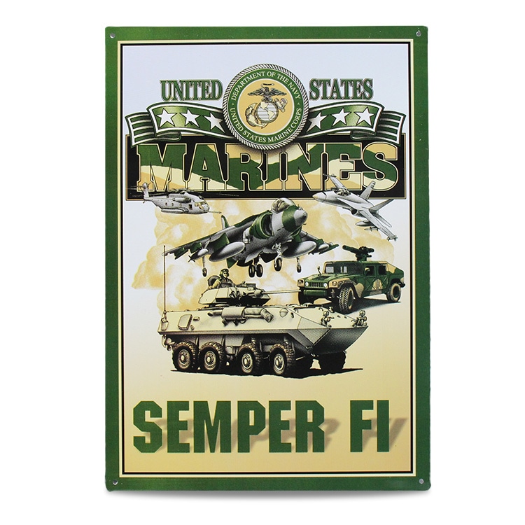 メタルサイン U.S.MARINES SEMPER FI 縦42×横29.5cm アメリカ製アメリカン 四角 かっこいい ヴィンテージ ビンテージ コンパクト 店舗 トイレ 玄関 リビング バー カフェ 輸入雑貨