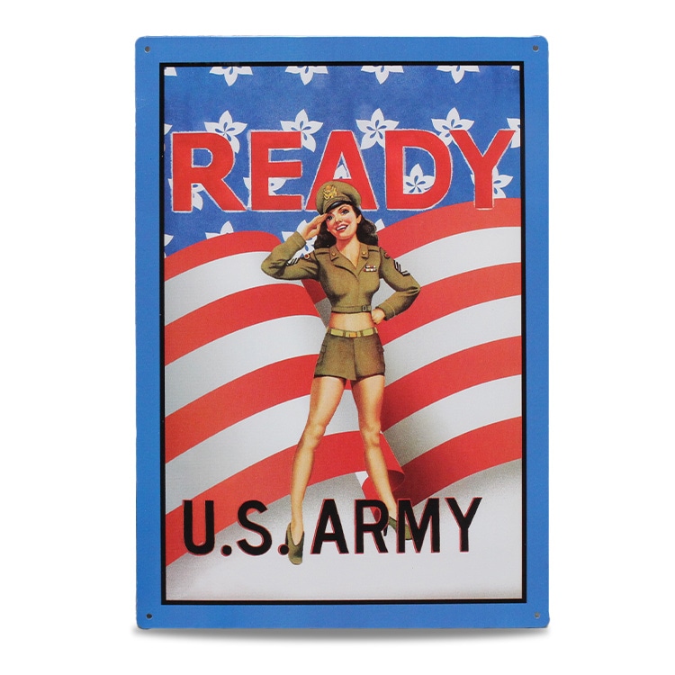 メタルサイン READY U.S.ARMY 縦42×横29.5cm アメリカ製アメリカン 四角 かっこいい ヴィンテージ ビンテージ コンパクト 店舗 トイレ 玄関 リビング バー カフェ 輸入雑貨