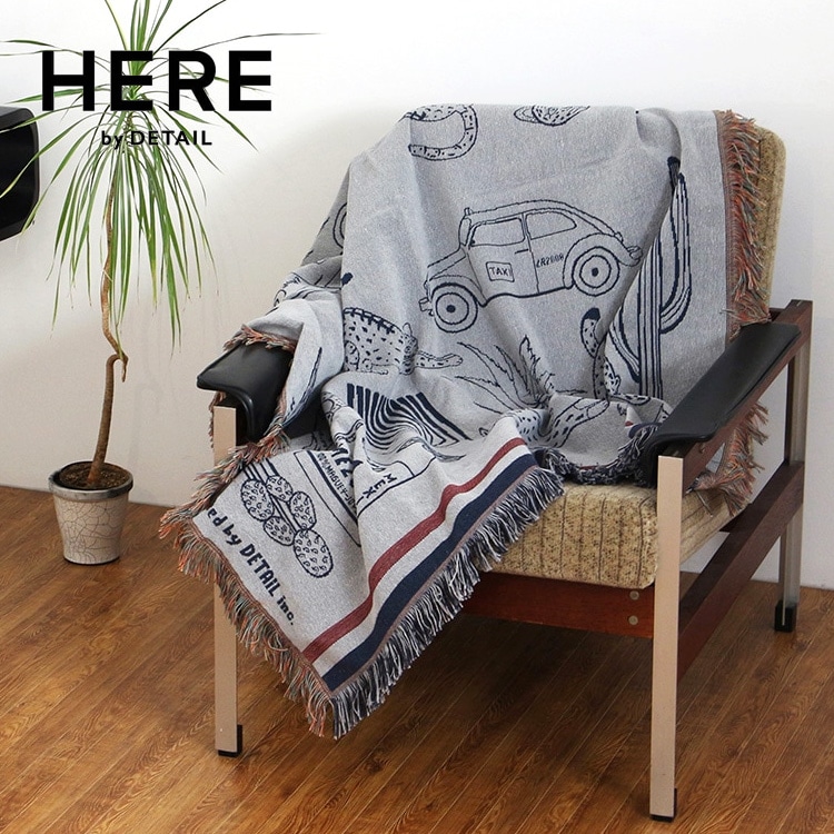 大判 ブランケット スローケット キャット アンド モア グレー 幅120×高さ146cm フリンジ ポリエステル コットン 洗濯可幅 布 クロス ひざ掛け OAX Throwket  HERE多用途に使えて洗える便利な大判ブランケット。