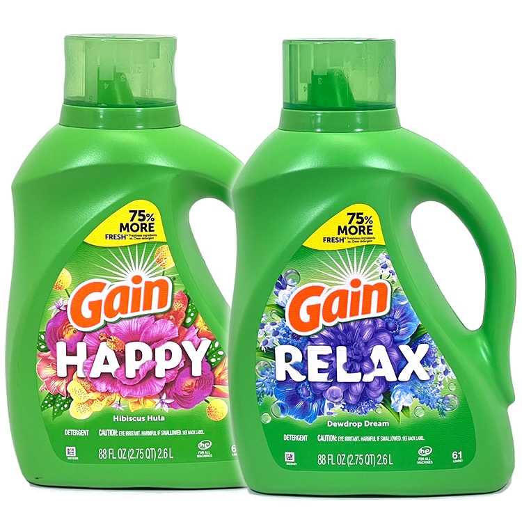 洗濯洗剤 正規輸入品 ゲイン 2.6L 88oz 61回分 液体 濃縮 リラックス RELAX ハッピー HAPPY Gain アメリカ 輸入洗剤 日用品 アメリカ製 アメリカ雑貨リラックスとハッピー、気分に合わせて選べるゲインリキッド洗剤。
