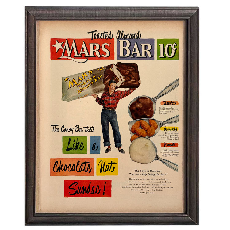 LIFE誌 ヴィンテージ切り抜き 額装アート フレーム付き アメリカ雑貨 インテリア 壁掛け Mars Bar チョコレート広告 ktlife0132本物のLIFE誌を飾る、特別なヴィンテージアート。