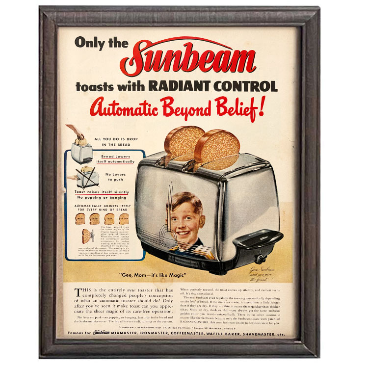 LIFE誌 ヴィンテージ切り抜き 額装アート フレーム付き アメリカ雑貨 インテリア おしゃれ 壁掛け Sunbeam トースター広告 ktlife0528本物のLIFE誌を飾る、特別なヴィンテージアート。