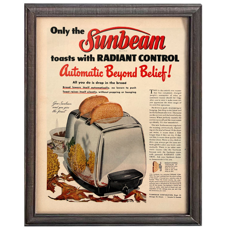 LIFE誌 ヴィンテージ切り抜き 額装アート フレーム付き アメリカ雑貨 インテリア おしゃれ 壁掛け Sunbeam トースター広告 焼きたてトースト ktlife0540本物のLIFE誌を飾る、特別なヴィンテージアート。