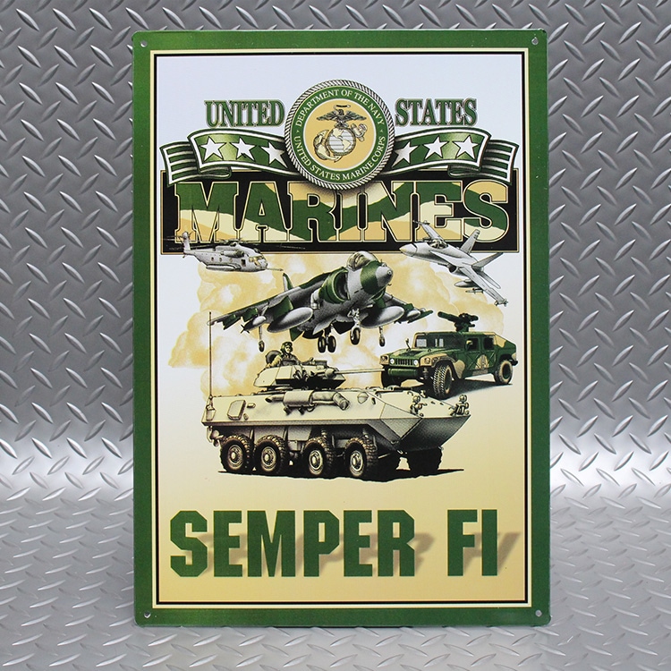 メタルサイン U.S.MARINES SEMPER FI 縦42×横29.5cm アメリカ製アメリカン 四角 かっこいい ヴィンテージ ビンテージ コンパクト 店舗 トイレ 玄関 リビング バー カフェ 輸入雑貨