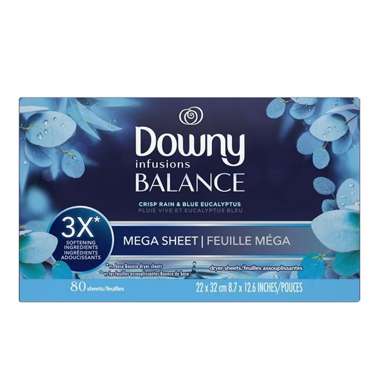 DOWNY ダウニー メガ柔軟シート インフュージョン クリスプレイン＆ユーカリプタス 80枚 大判サイズ 22×32cm 乾燥機用 柔軟シート P&G Downy アメリカ製衣装ケースやくつ箱の中の芳香剤としても使える