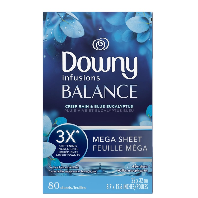 DOWNY ダウニー メガ柔軟シート インフュージョン クリスプレイン＆ユーカリプタス 80枚 大判サイズ 22×32cm 乾燥機用 柔軟シート P&G Downy アメリカ製衣装ケースやくつ箱の中の芳香剤としても使える