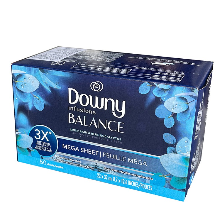 DOWNY ダウニー メガ柔軟シート インフュージョン クリスプレイン＆ユーカリプタス 80枚 大判サイズ 22×32cm 乾燥機用 柔軟シート P&G Downy アメリカ製衣装ケースやくつ箱の中の芳香剤としても使える