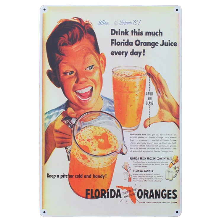 レトロブリキ看板 広告デザイン FLORIDA ORANGE ジュース柄 縦45cm×横