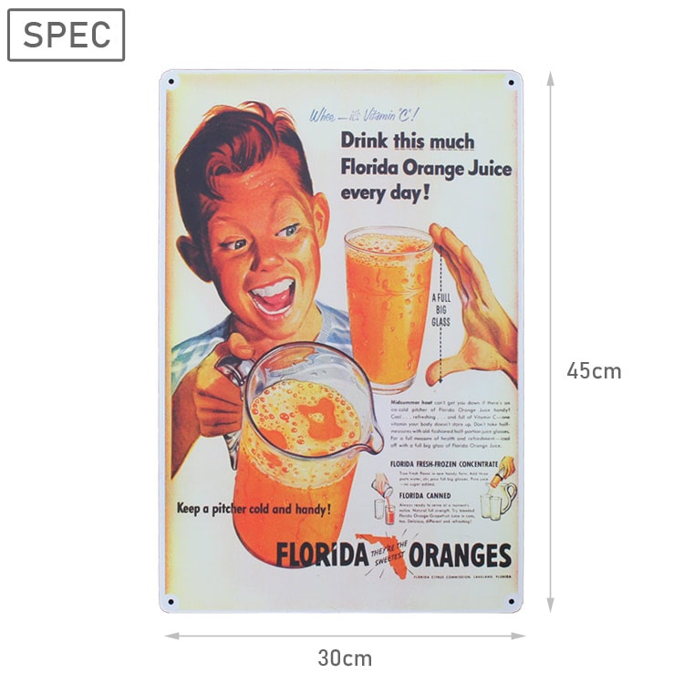 レトロブリキ看板 広告デザイン FLORIDA ORANGE ジュース柄 縦45cm×横